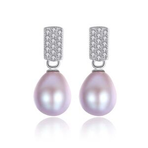 •Dainty Natural Pearl with S925 Silver Rectangle & CZ Crystals Dangle Earrings